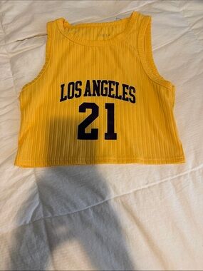 SHEIN Bright Yellow Los Angeles 21 Ribbed Crop Tank